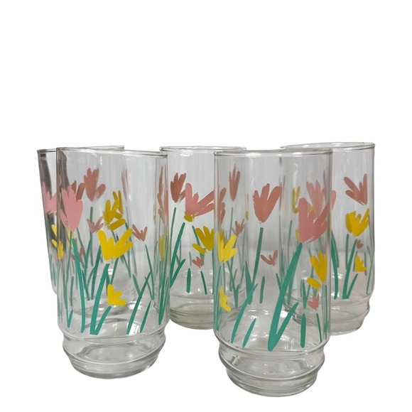 Vintage Other - Vintage Drinking Glasses Tulip Print Yellow and Pink Floral Design MCM